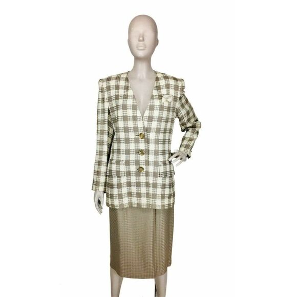 Vintage 80's High Shoulder Tweed Houndstooth Blazer & Pencil Skirt Business Suit - Picture 7 of 12
